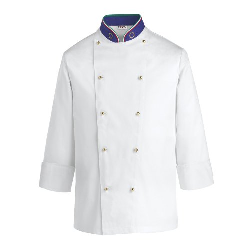 Italialaistyylinen valkoinen kokintakki napeilla ja pitkillä hihoilla, unisex-malli.